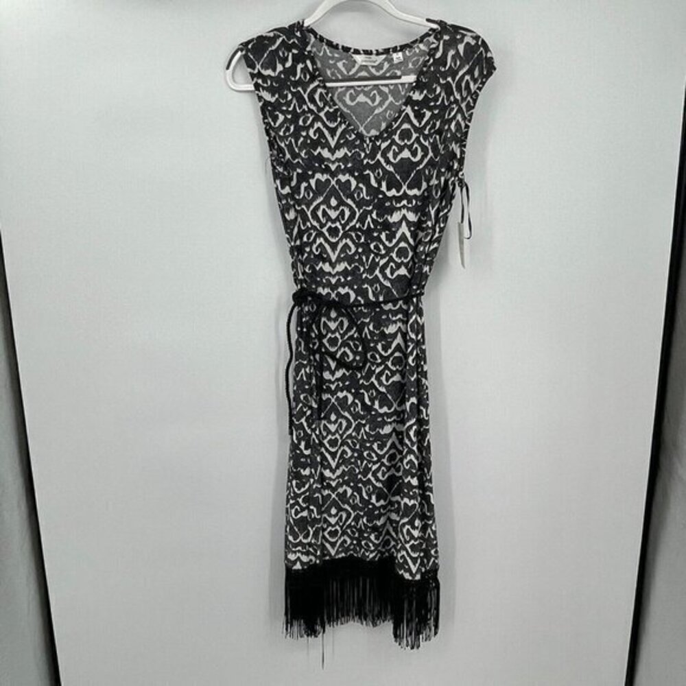 Mlle Gabrielle Womens Dress Small Black White Fringe Tasseled Stretch Sleeveless